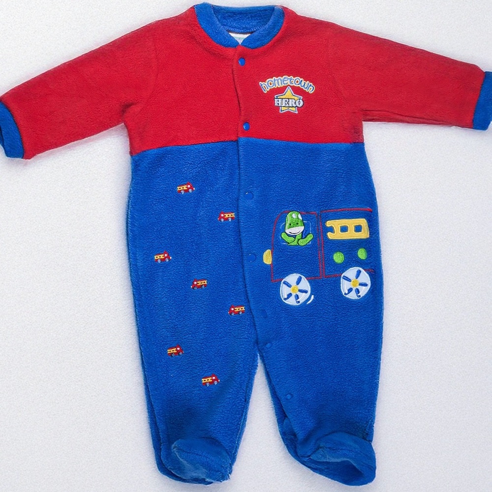 Little Me Vintage/Y2K Fleece Sleeper Dinosaur Fire Trucks “Hometown Hero”